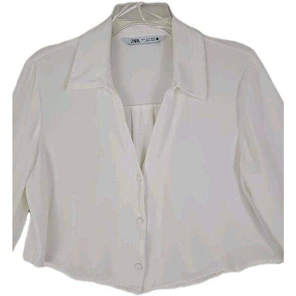 ZARA~Woman Sz. M~White Sutin Effect Cropped Button-Down Silky Shirt Long Sleeve - Picture 10 of 11